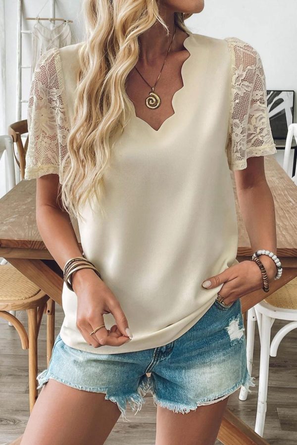 Blouses | Apricot Scallop Edge V Neck Lace Patchwork Flounce Sleeve Top - Women - Image 2