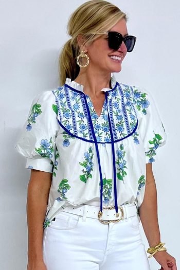 Blouses | Beige Floral Print Piping Trim Tie Neck Puff Sleeve Blouse - Women