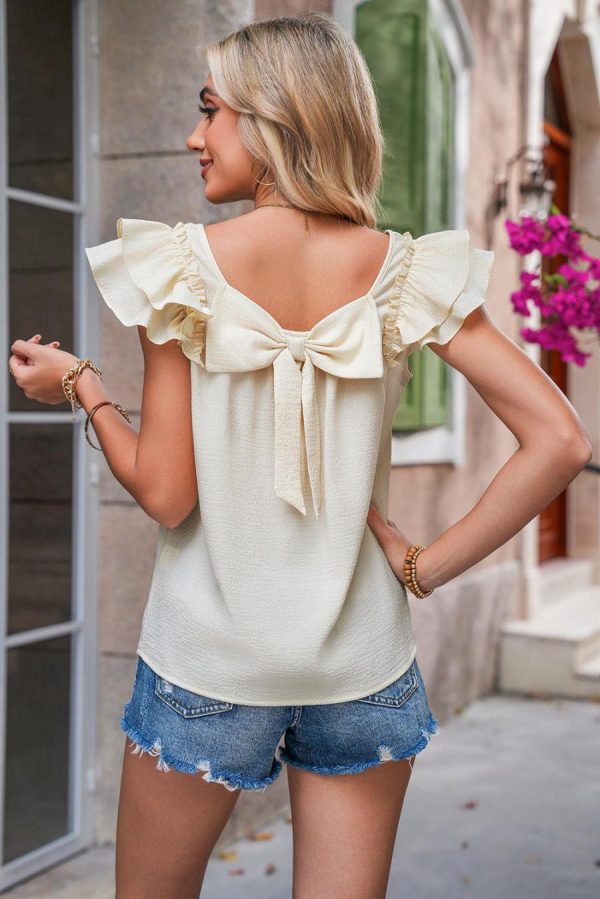Blouses | Beige Textured Bow Frilled Ruffle Sleeve Blouse - Women - Image 4