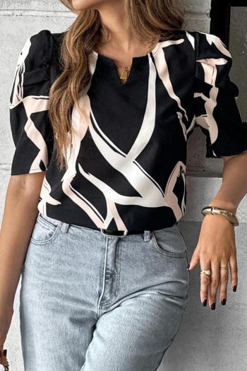 Blouses | Black Abstract Print Puff Sleeve Blouse - Women