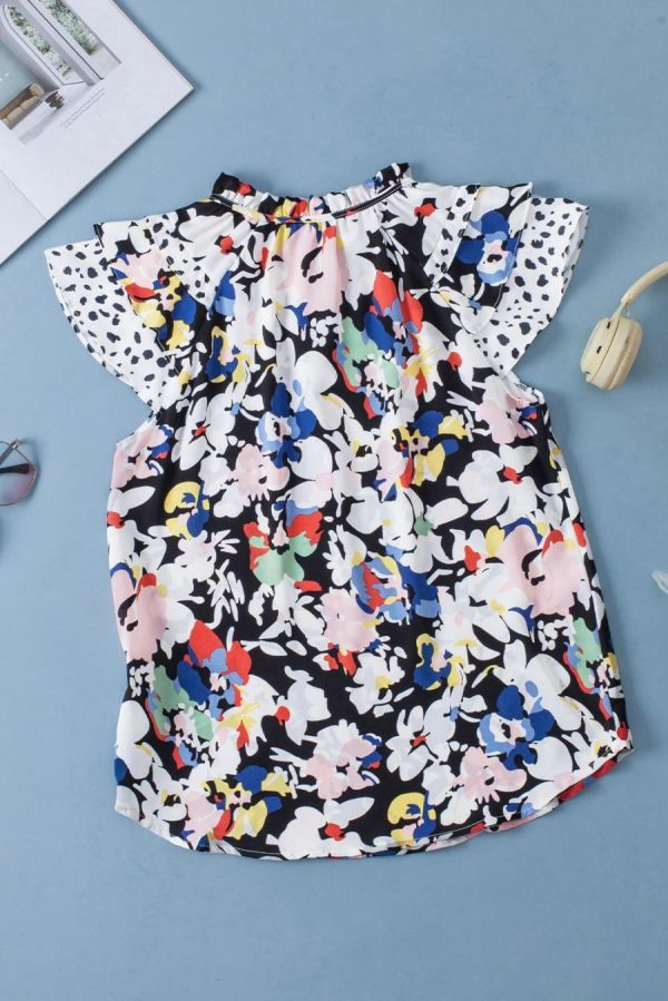 Blouses | Black Floral Print Ruffle Flutter Sleeve Tied V Neck Blouse - Women - Image 4