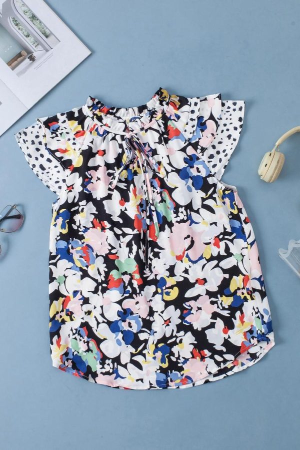 Blouses | Black Floral Print Ruffle Flutter Sleeve Tied V Neck Blouse - Women - Image 5