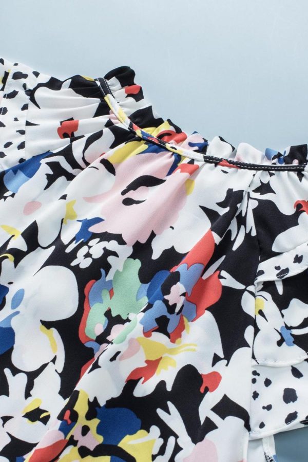 Blouses | Black Floral Print Ruffle Flutter Sleeve Tied V Neck Blouse - Women - Image 6