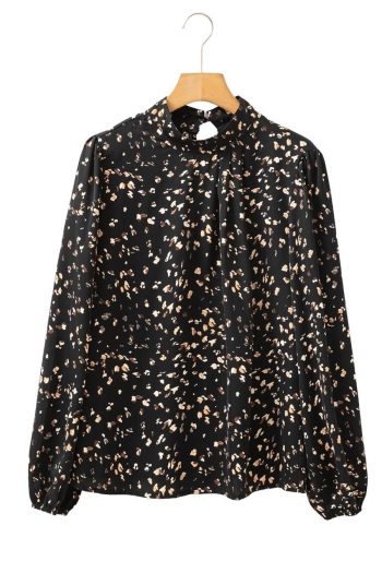 Blouses | Black Leopard Print Puff Sleeve Mock Neck Pleated Blouse - Women