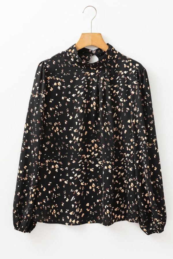 Blouses | Black Leopard Print Puff Sleeve Mock Neck Pleated Blouse - Women - Image 2