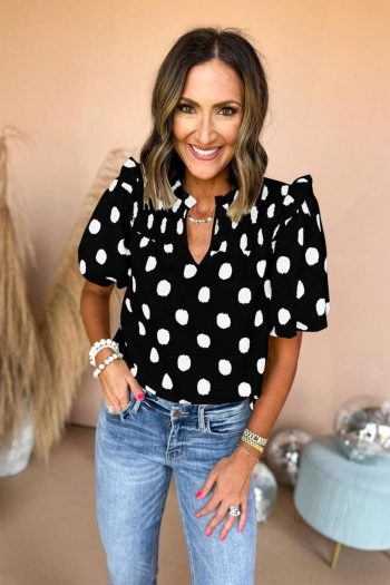 Blouses | Black Polka Dot Print Smocked Notched Neck Balloon Sleeve Blouse - Women