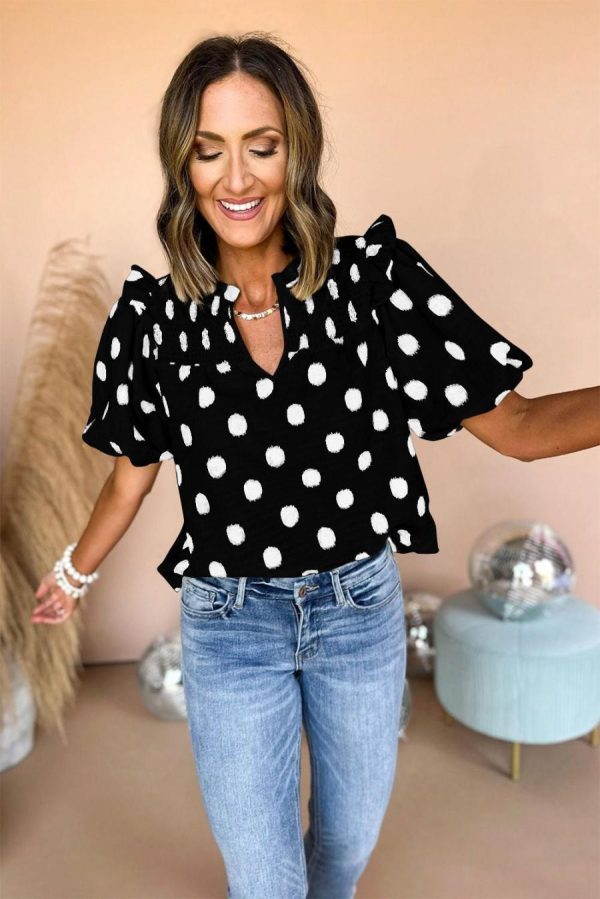 Blouses | Black Polka Dot Print Smocked Notched Neck Balloon Sleeve Blouse - Women - Image 2