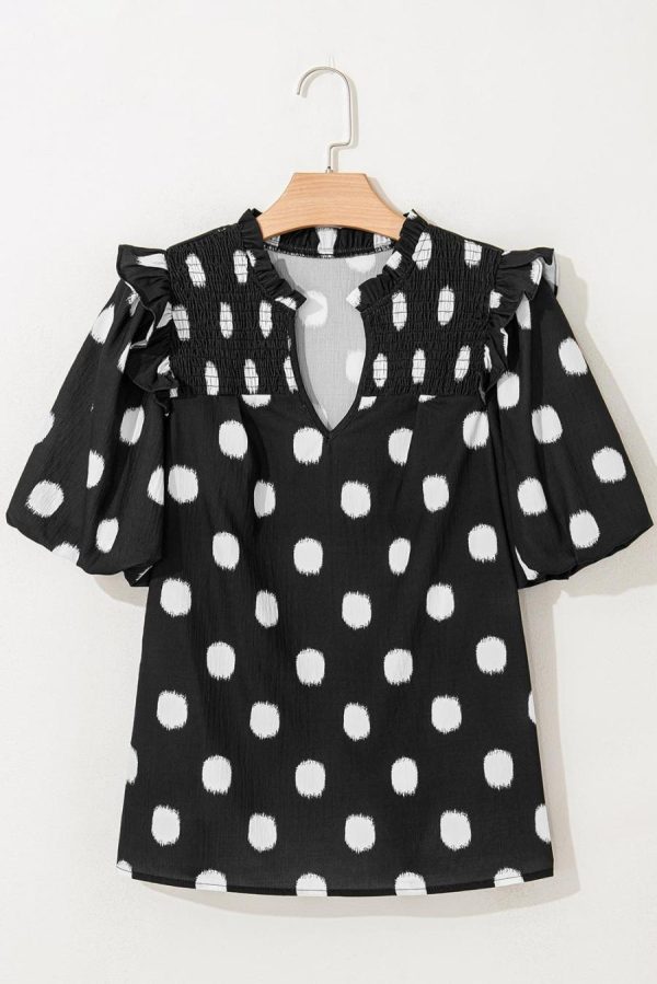 Blouses | Black Polka Dot Print Smocked Notched Neck Balloon Sleeve Blouse - Women - Image 4