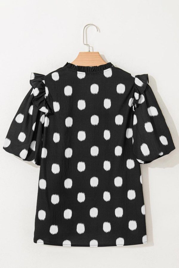 Blouses | Black Polka Dot Print Smocked Notched Neck Balloon Sleeve Blouse - Women - Image 5