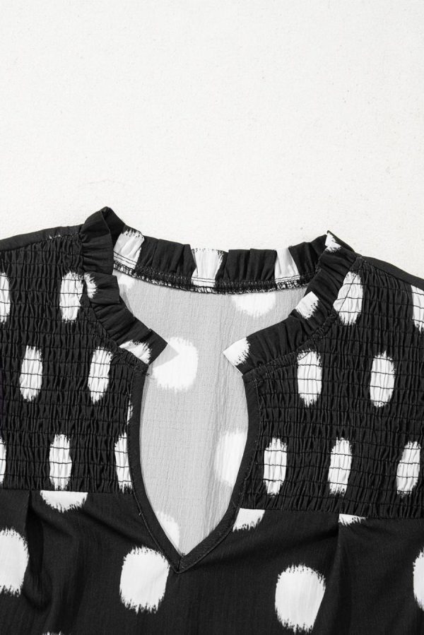 Blouses | Black Polka Dot Print Smocked Notched Neck Balloon Sleeve Blouse - Women - Image 6