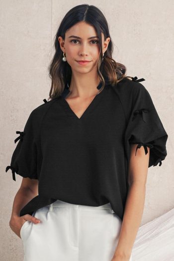 Blouses | Black V Neck Bow Detail Puff Sleeve Blouse - Women