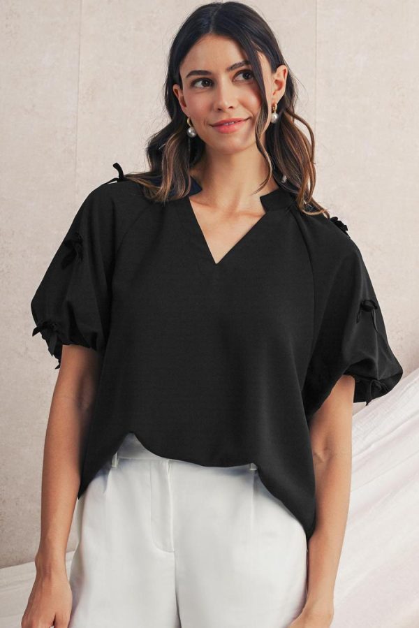 Blouses | Black V Neck Bow Detail Puff Sleeve Blouse - Women - Image 2