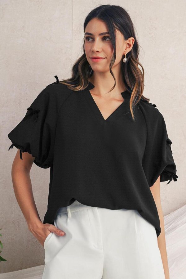 Blouses | Black V Neck Bow Detail Puff Sleeve Blouse - Women - Image 3