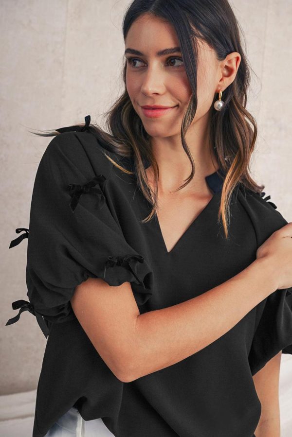 Blouses | Black V Neck Bow Detail Puff Sleeve Blouse - Women - Image 5