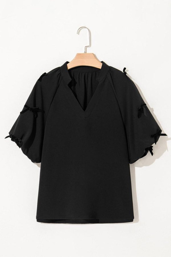 Blouses | Black V Neck Bow Detail Puff Sleeve Blouse - Women - Image 6