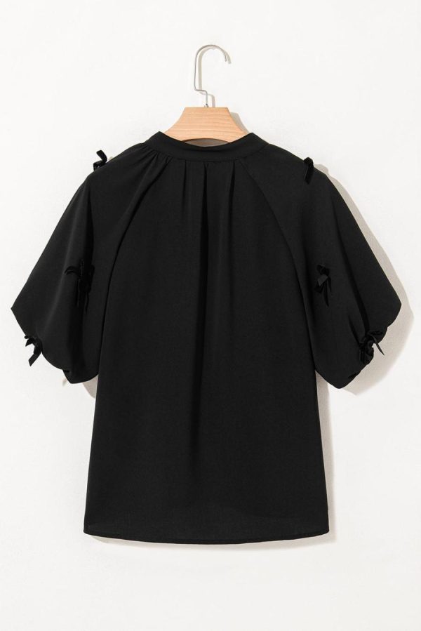 Blouses | Black V Neck Bow Detail Puff Sleeve Blouse - Women - Image 7