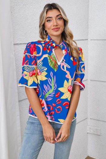 Blouses | Blue Frill V-Neck Abstract Print Blouse - Women