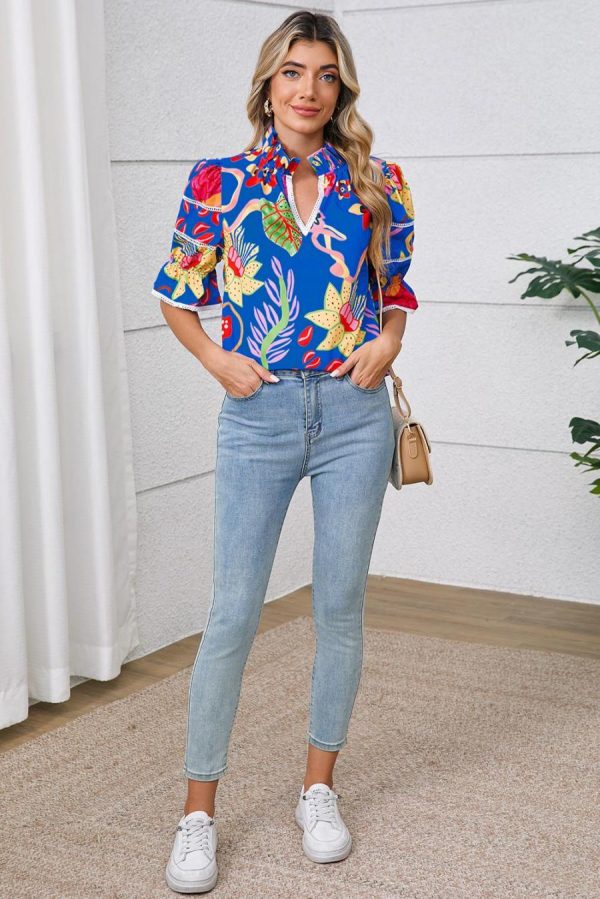 Blouses | Blue Frill V-Neck Abstract Print Blouse - Women - Image 3