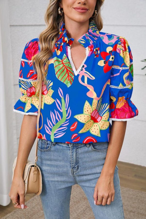 Blouses | Blue Frill V-Neck Abstract Print Blouse - Women - Image 4