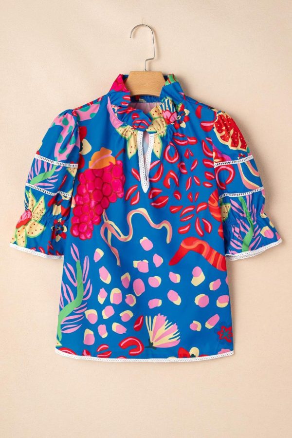 Blouses | Blue Frill V-Neck Abstract Print Blouse - Women - Image 5