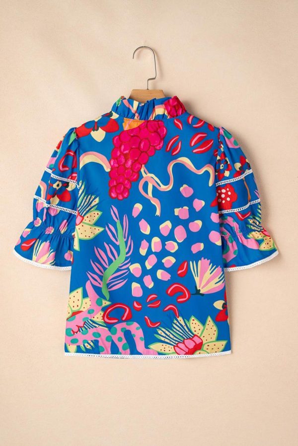 Blouses | Blue Frill V-Neck Abstract Print Blouse - Women - Image 6