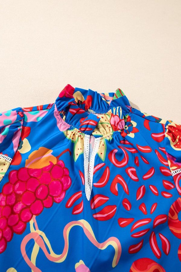 Blouses | Blue Frill V-Neck Abstract Print Blouse - Women - Image 7
