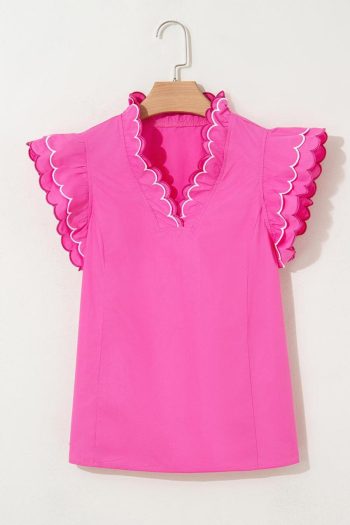 Blouses | Bright Pink Scallop Trim V Neck Layered Short Sleeve Blouse - Women