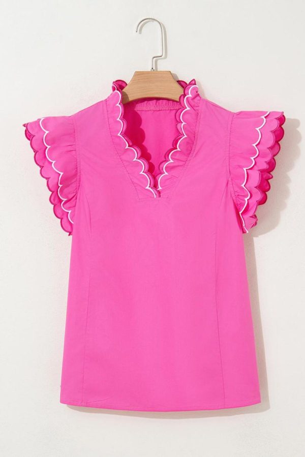 Blouses | Bright Pink Scallop Trim V Neck Layered Short Sleeve Blouse - Women
