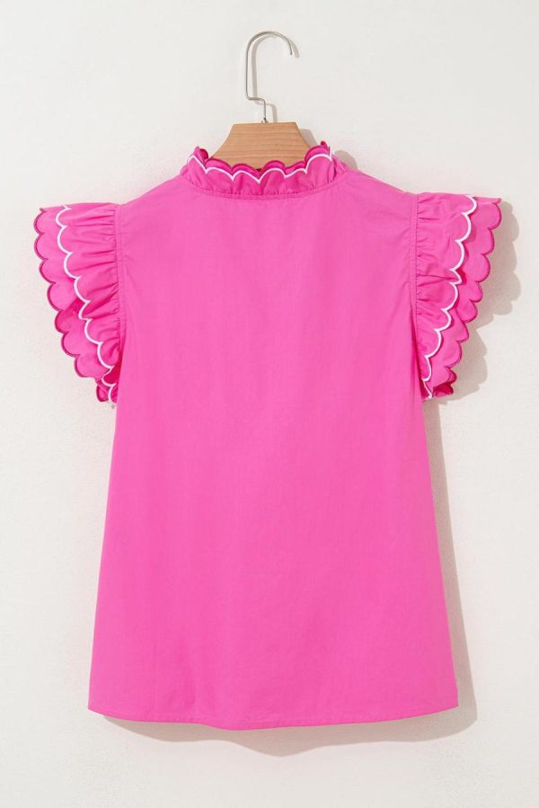 Blouses | Bright Pink Scallop Trim V Neck Layered Short Sleeve Blouse - Women - Image 2
