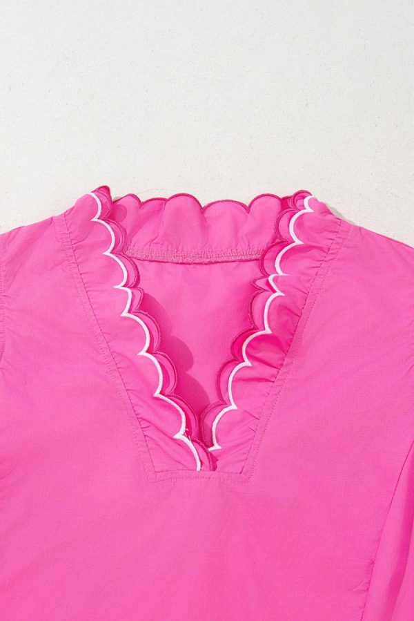 Blouses | Bright Pink Scallop Trim V Neck Layered Short Sleeve Blouse - Women - Image 3