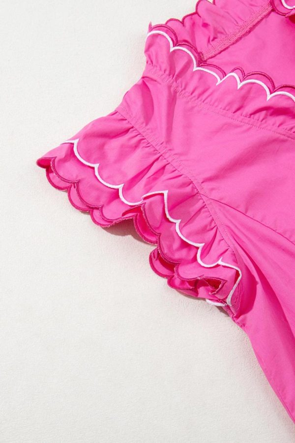Blouses | Bright Pink Scallop Trim V Neck Layered Short Sleeve Blouse - Women - Image 4