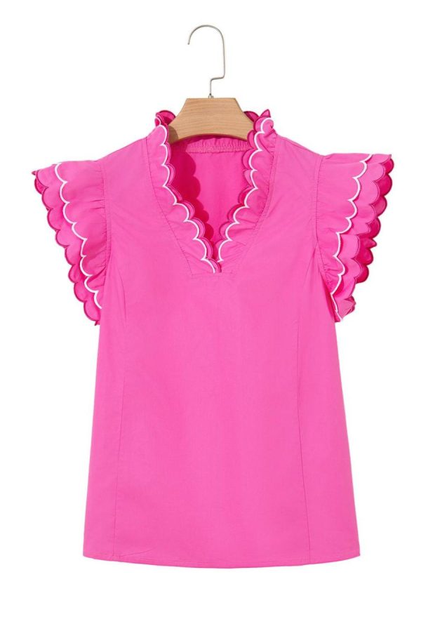 Blouses | Bright Pink Scallop Trim V Neck Layered Short Sleeve Blouse - Women - Image 7