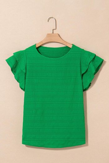 Blouses | Dark Green Ruffle Sleeve Textured Smocked Blouse - Women