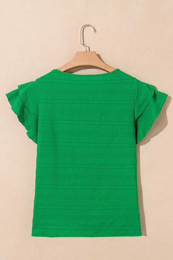 Blouses | Dark Green Ruffle Sleeve Textured Smocked Blouse - Women - Image 2