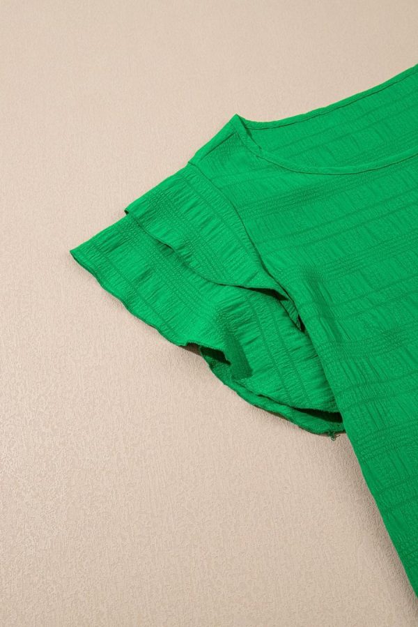 Blouses | Dark Green Ruffle Sleeve Textured Smocked Blouse - Women - Image 4