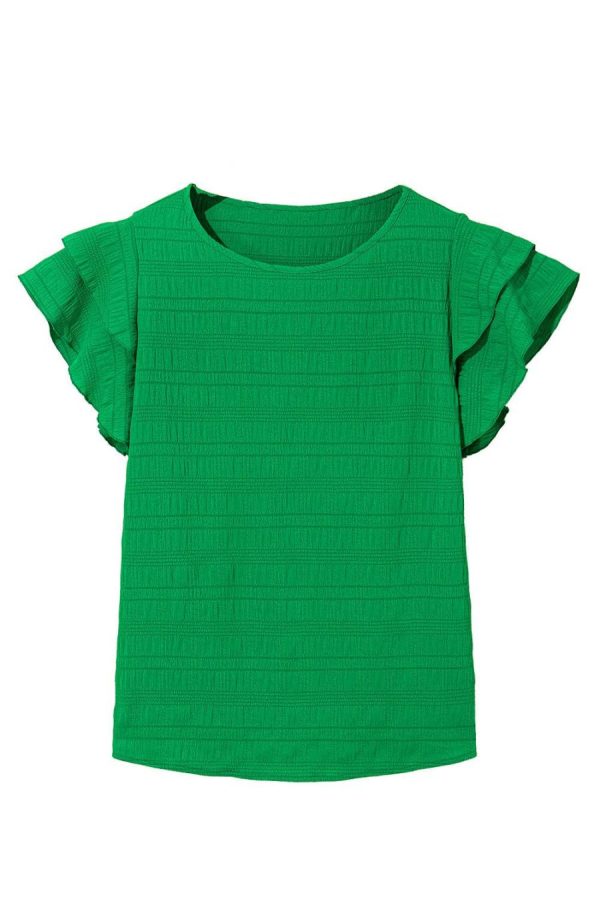 Blouses | Dark Green Ruffle Sleeve Textured Smocked Blouse - Women - Image 7