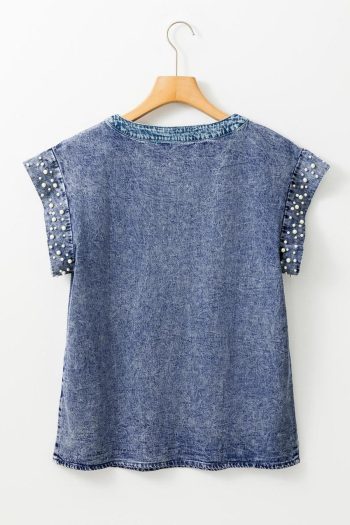 Blouses | Dusk Blue Acid Wash Pearl Embellishment Round Neck Denim Top - Women
