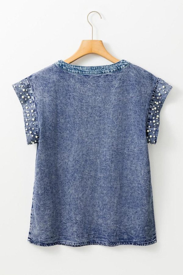 Blouses | Dusk Blue Acid Wash Pearl Embellishment Round Neck Denim Top - Women