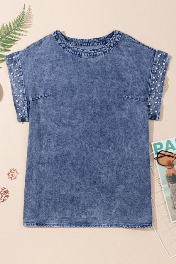Blouses | Dusk Blue Acid Wash Pearl Embellishment Round Neck Denim Top - Women - Image 2