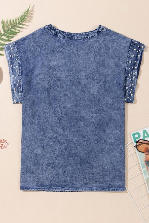 Blouses | Dusk Blue Acid Wash Pearl Embellishment Round Neck Denim Top - Women - Image 3