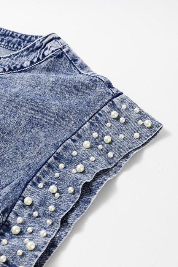 Blouses | Dusk Blue Acid Wash Pearl Embellishment Round Neck Denim Top - Women - Image 5