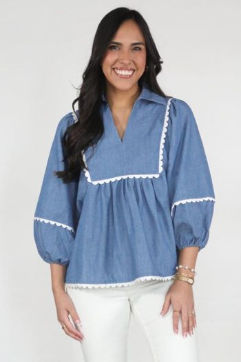 Blouses | Dusk Blue Scallop Trim Puff Sleeve Collared Babydoll Blouse - Women