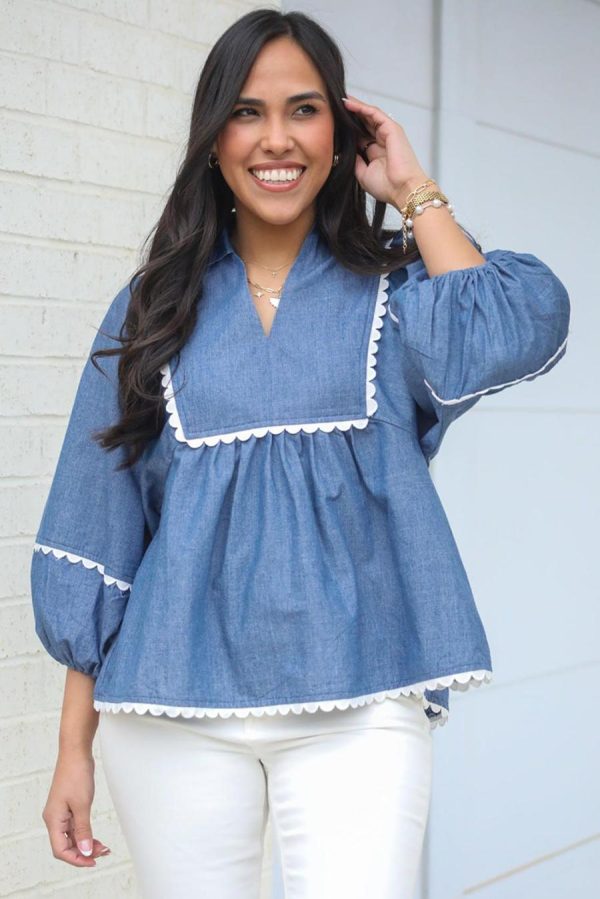 Blouses | Dusk Blue Scallop Trim Puff Sleeve Collared Babydoll Blouse - Women - Image 4