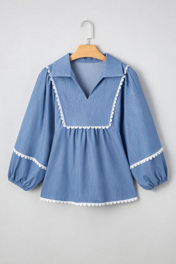 Blouses | Dusk Blue Scallop Trim Puff Sleeve Collared Babydoll Blouse - Women - Image 5
