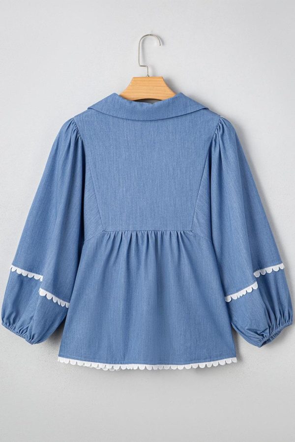 Blouses | Dusk Blue Scallop Trim Puff Sleeve Collared Babydoll Blouse - Women - Image 6