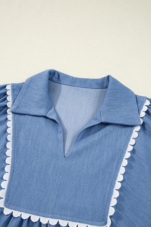 Blouses | Dusk Blue Scallop Trim Puff Sleeve Collared Babydoll Blouse - Women - Image 7