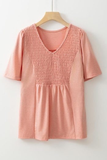 Blouses | Fushia Smocked Front V Neck Pleated Babydoll Short Sleeve Top - Women
