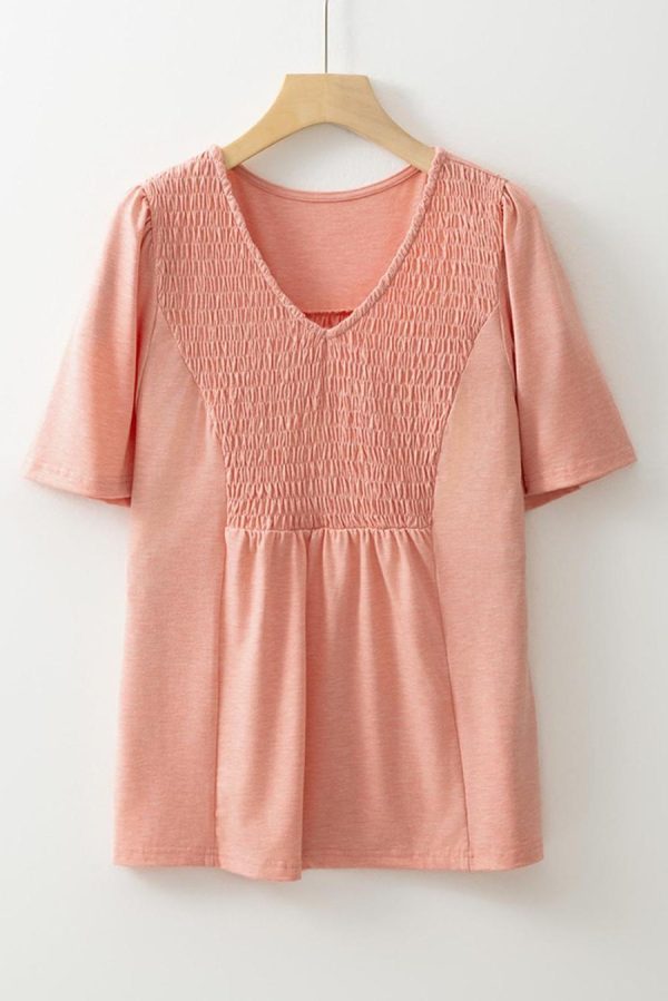 Blouses | Fushia Smocked Front V Neck Pleated Babydoll Short Sleeve Top - Women