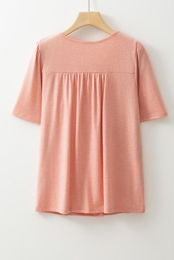 Blouses | Fushia Smocked Front V Neck Pleated Babydoll Short Sleeve Top - Women - Image 2