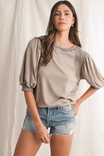 Blouses | Goat Bishop Sleeve Contrast Trim Round Neck Blouse - Women
